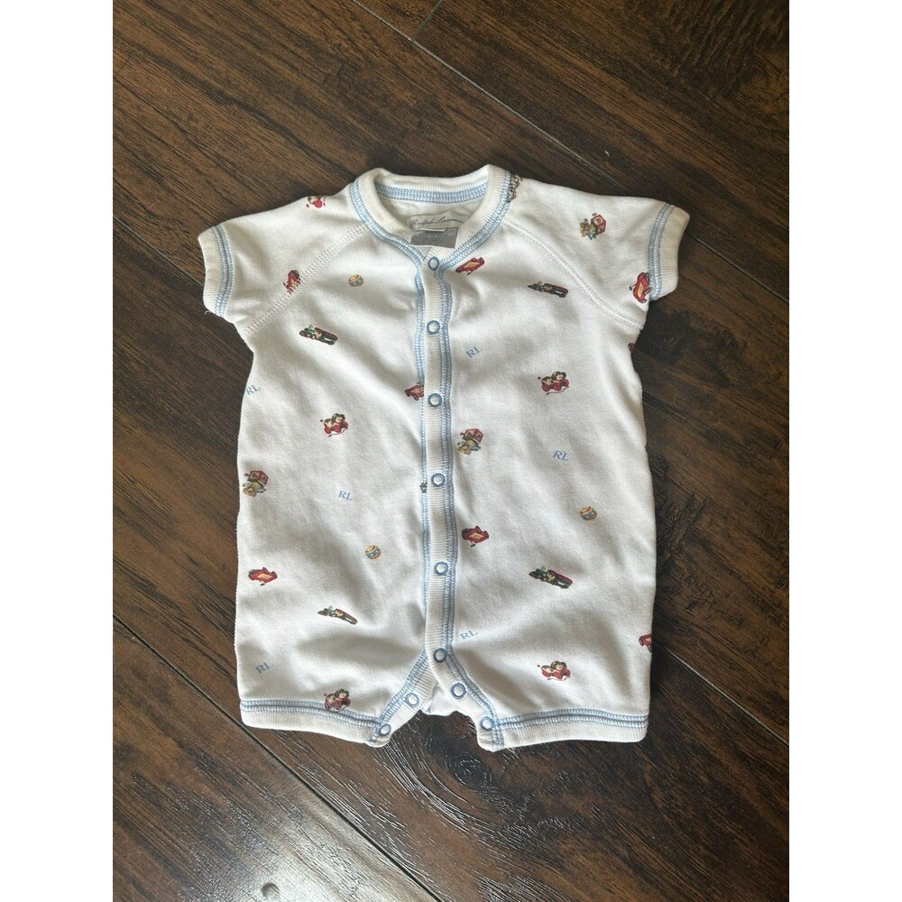 Ralph Lauren Baby Boys Romper Short Sleeve 3M Baby Toys Train Teddy Bear Button